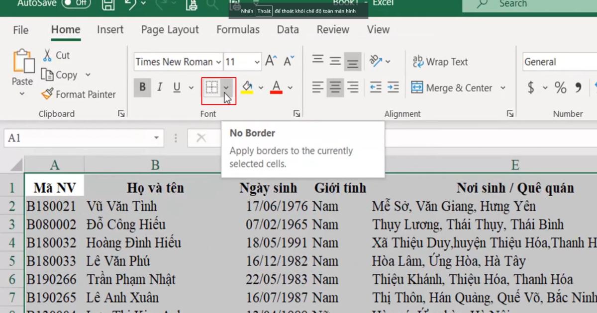 Kỹ thuật định dạng kẻ khung và xóa khung trong Excel