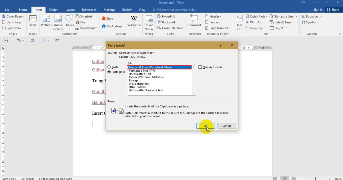 Cách liên kết dữ liệu giữa Excel và Word