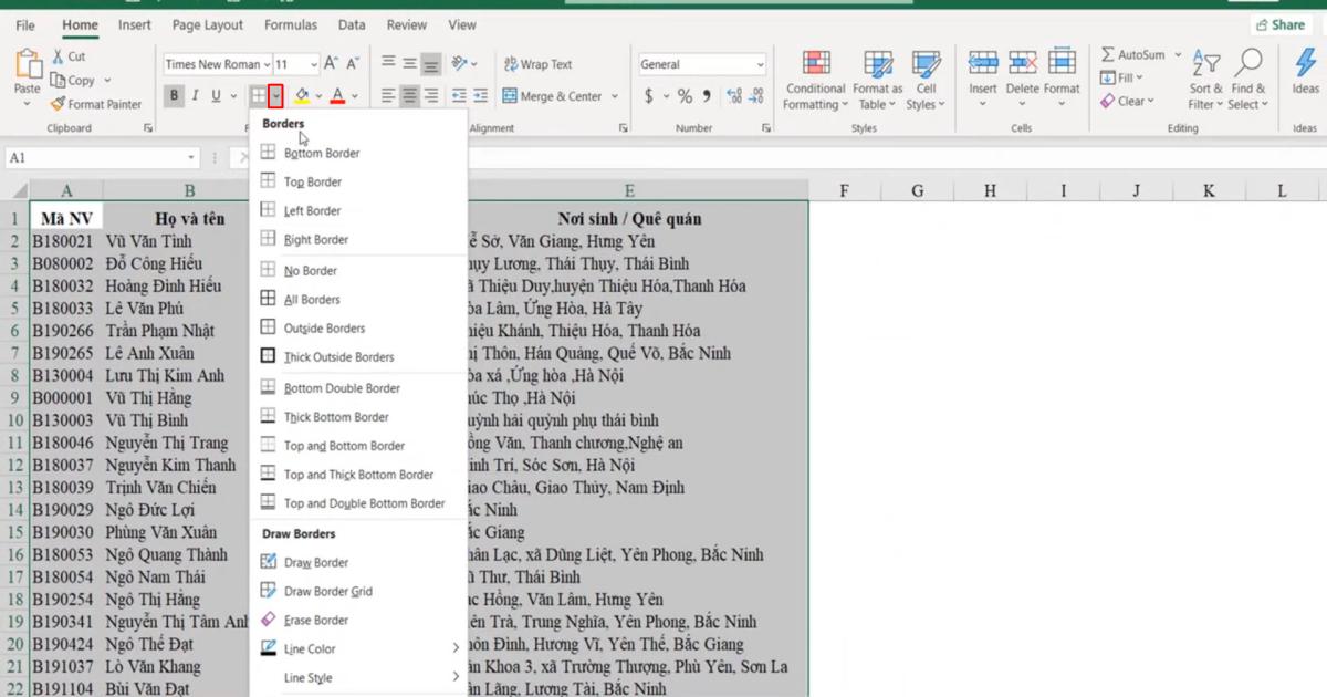 Kỹ thuật định dạng kẻ khung và xóa khung trong Excel