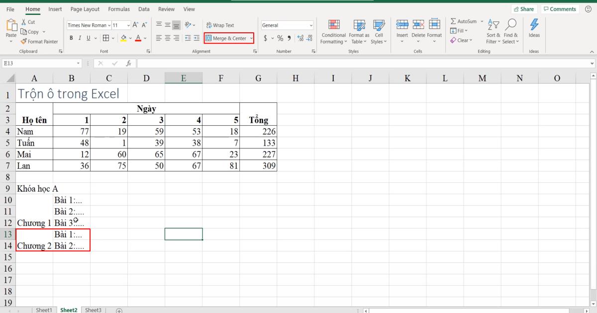 Cách sử dụng kỹ thuật trộn ô trong Excel (Merger & Center)
