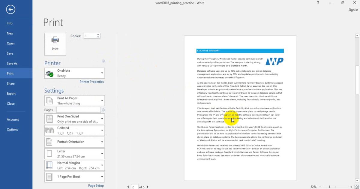 giao diện trang in trong word