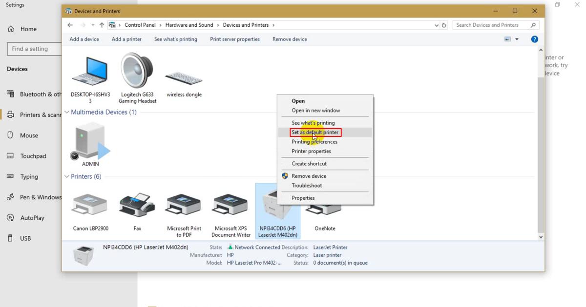 chọn Set as default printer