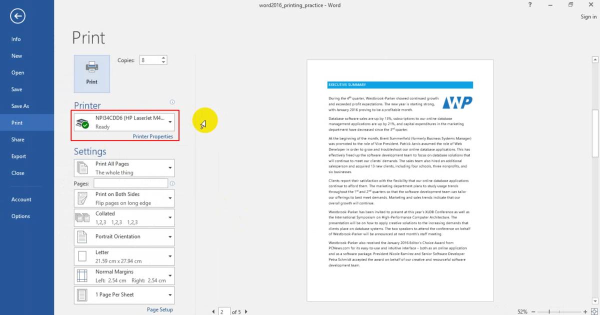 Cài đặt máy in mặc định cho word
