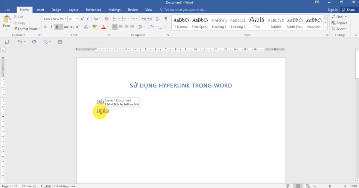 cách hyperlink trong word tới vị trí khác của văn bản