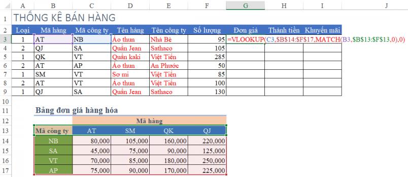 Kết hợp hàm VLOOKUP và MATCH để tính đơn giá 2