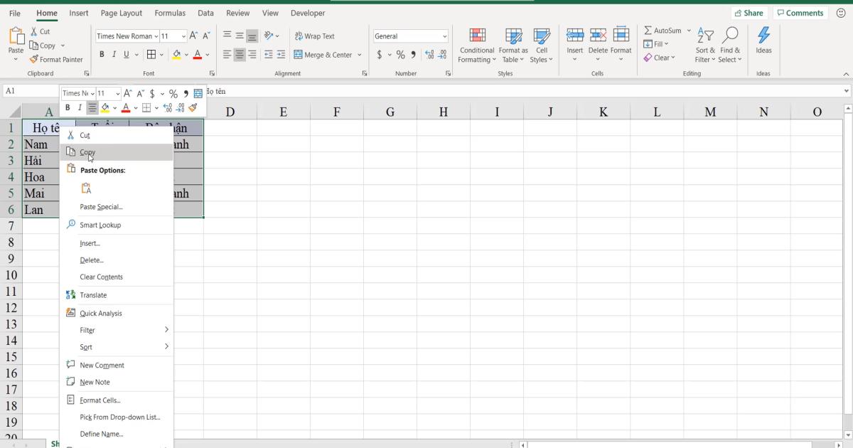 Một số thao tác Excel thường dùng với đối tượng Ô, vùng ô