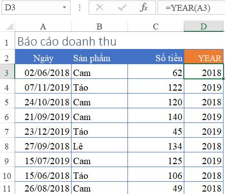 Cách sử dụng hàm YEAR để lập báo cáo theo năm trong Excel