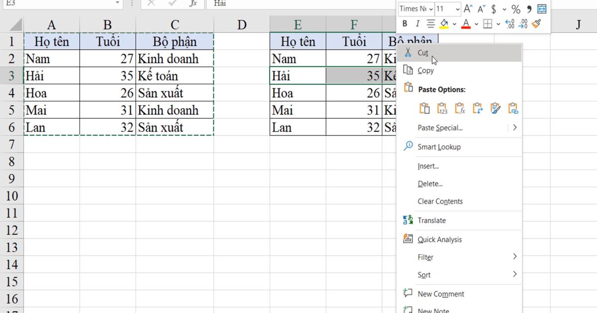 Một số thao tác Excel thường dùng với đối tượng Ô, vùng ô