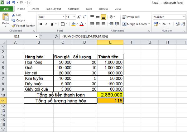 Hàm sum kết hợp với hàm Choose