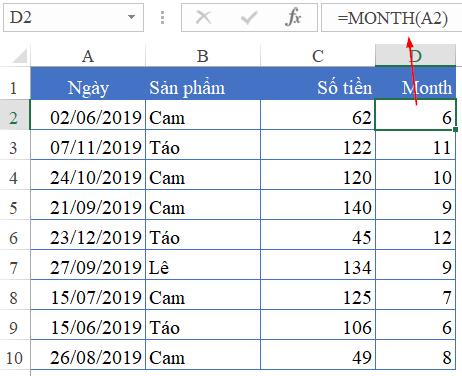 Cách sử dụng hàm Month trong Excel để tìm số tháng.