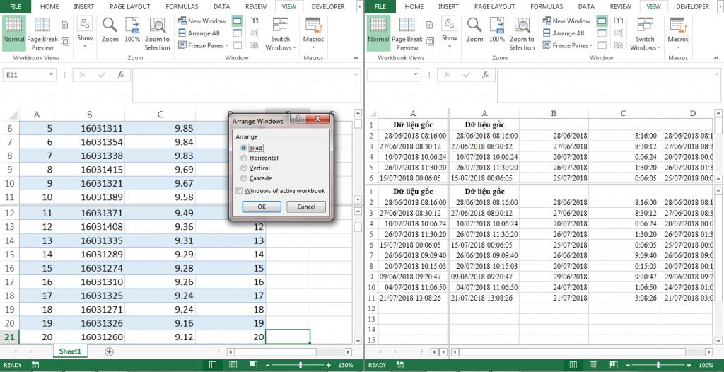 Sắp xếp hiển thị sổ tính bằng Split Excel