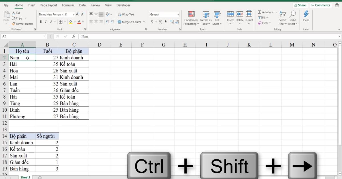 Kỹ thuật và các phím tắt di chuyển nhanh trong vùng dữ liệu Excel