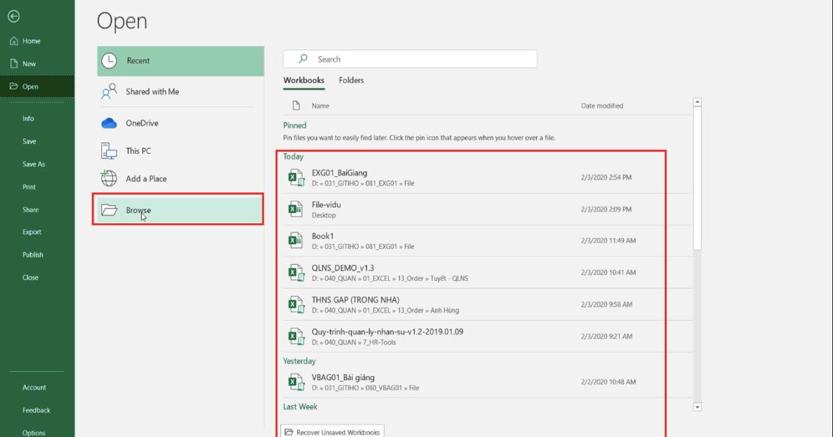 Một số thao tác thường dùng với Workbook trong Excel