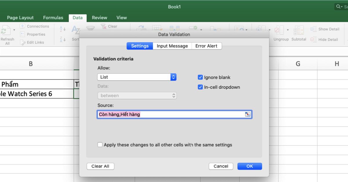 Cách nhập dữ liệu trong SELECT BOX bằng DATA VALIDATION