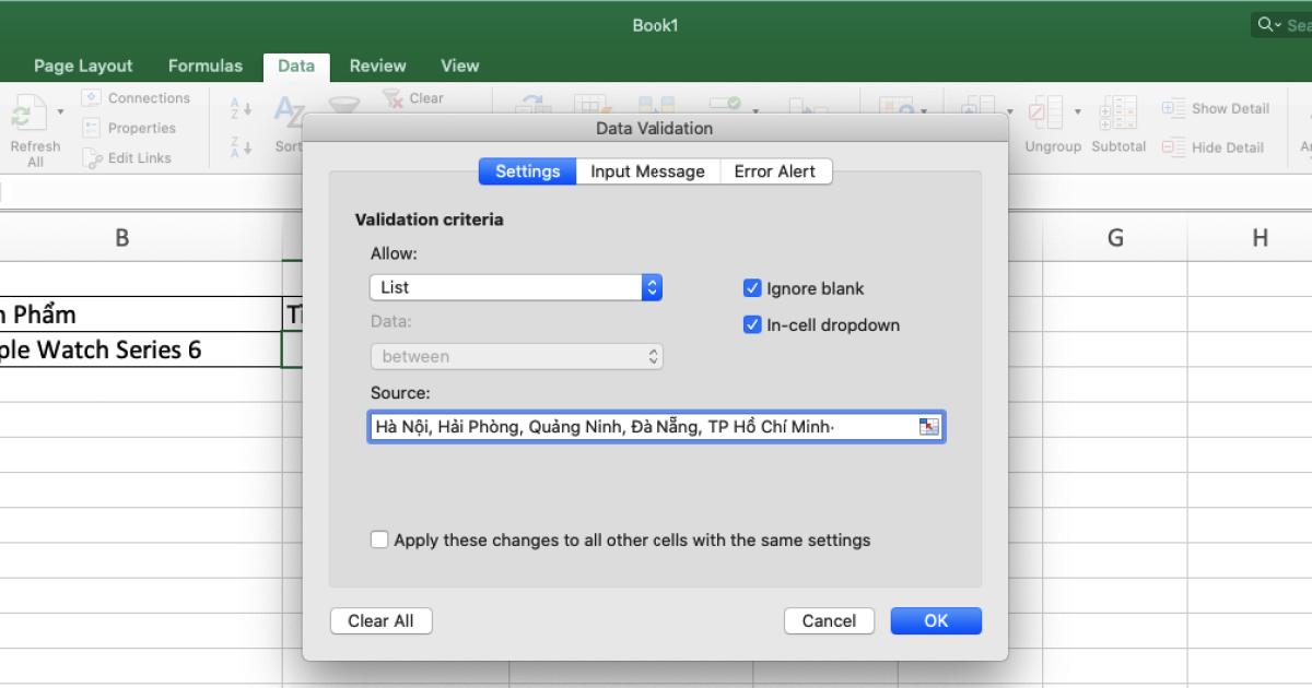 Cách nhập dữ liệu trong SELECT BOX bằng DATA VALIDATION
