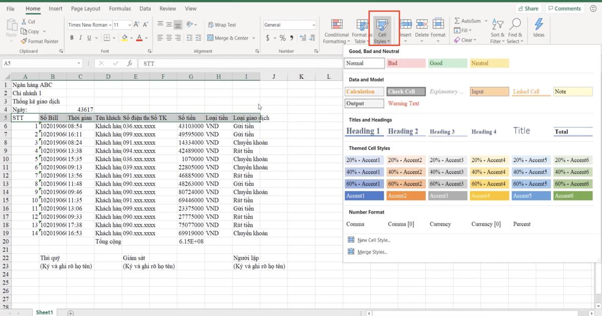 Luyện tập về định dạng bảng dữ liệu Excel và sử dụng công cụ Cell styles