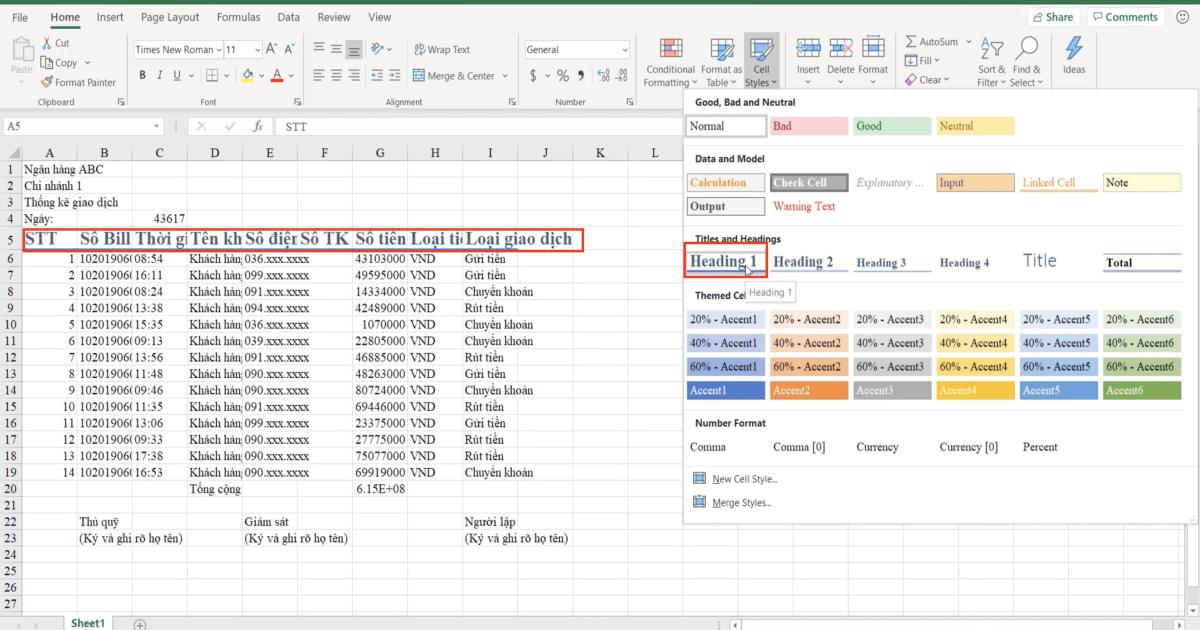Luyện tập về định dạng bảng dữ liệu Excel và sử dụng công cụ Cell styles