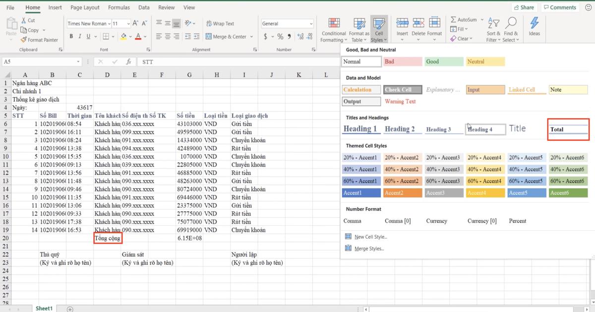 Luyện tập về định dạng bảng dữ liệu Excel và sử dụng công cụ Cell styles