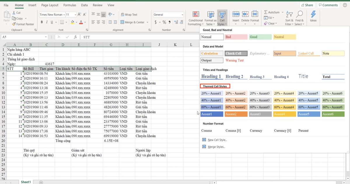 Luyện tập về định dạng bảng dữ liệu Excel và sử dụng công cụ Cell styles