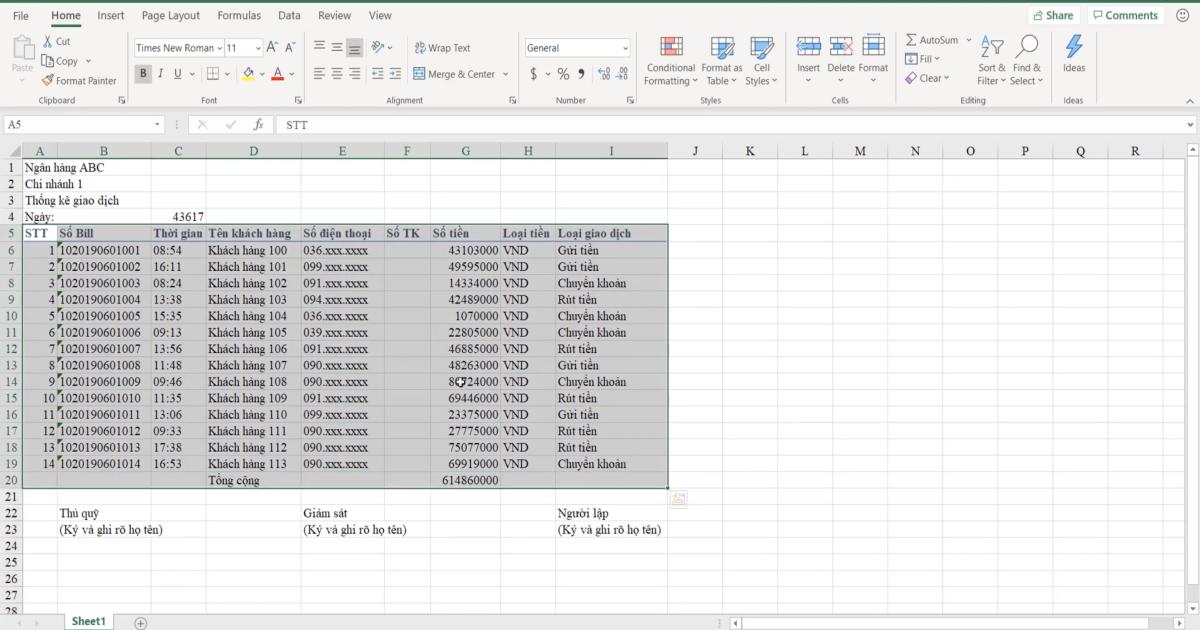 Luyện tập về định dạng bảng dữ liệu Excel và sử dụng công cụ Cell styles