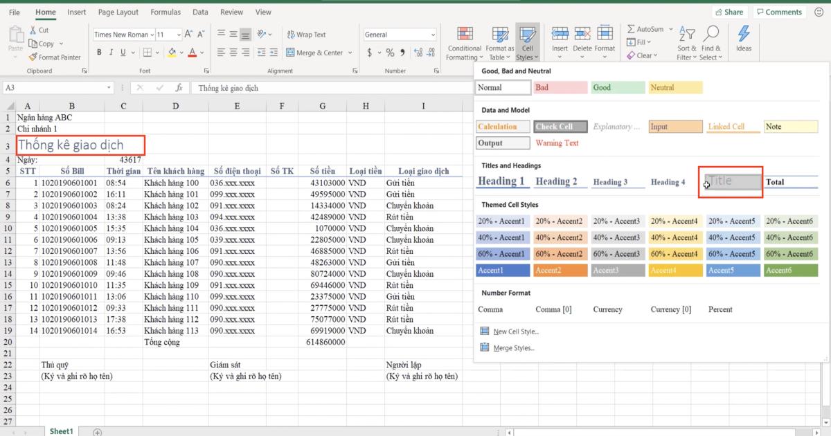 Luyện tập về định dạng bảng dữ liệu Excel và sử dụng công cụ Cell styles
