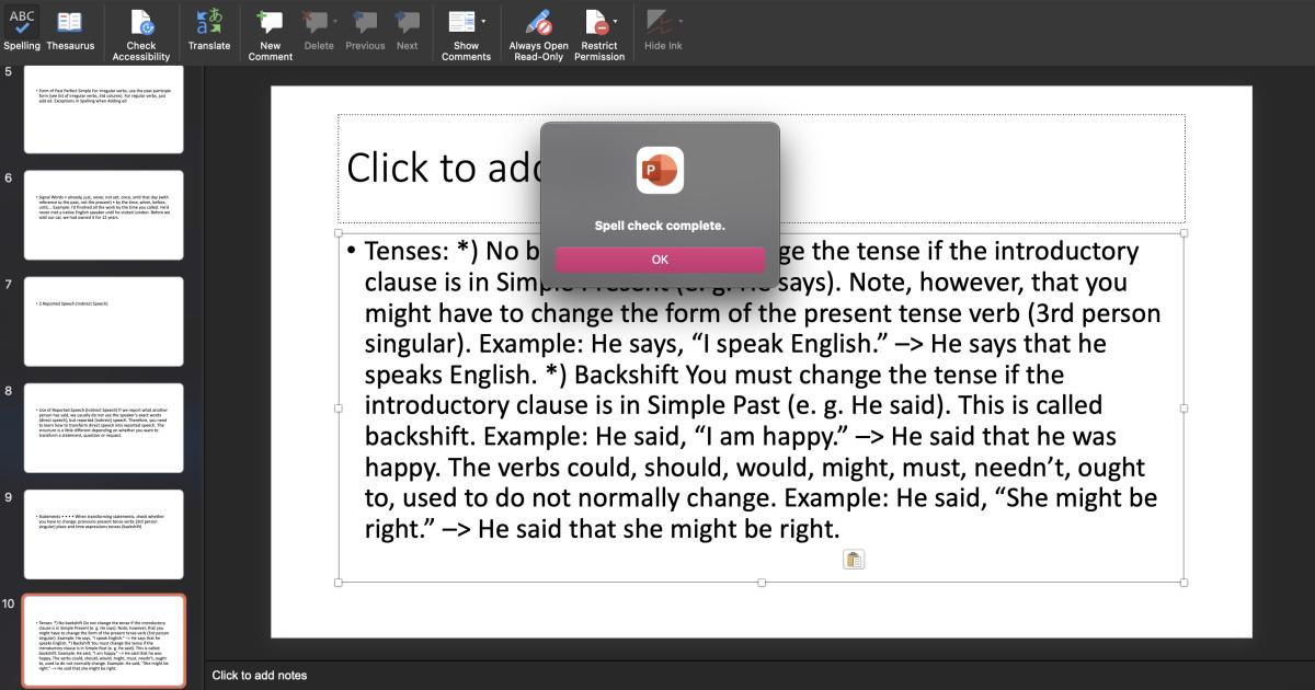 Cách sử dụng công cụ kiểm tra chính tả trong PowerPoint trên MacOS