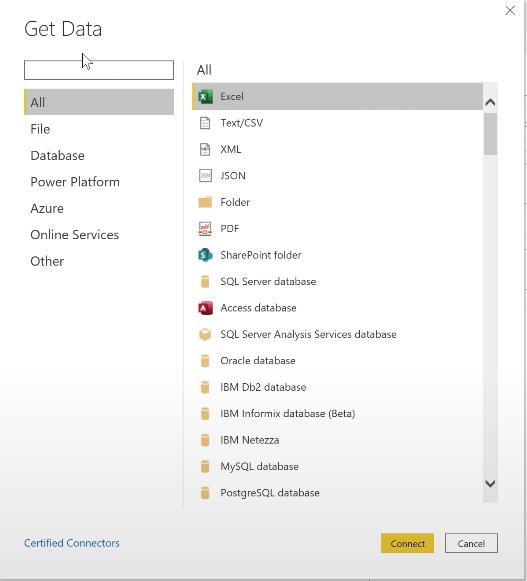 Các nguồn dữ liệu có thể kết nối với PowerBI