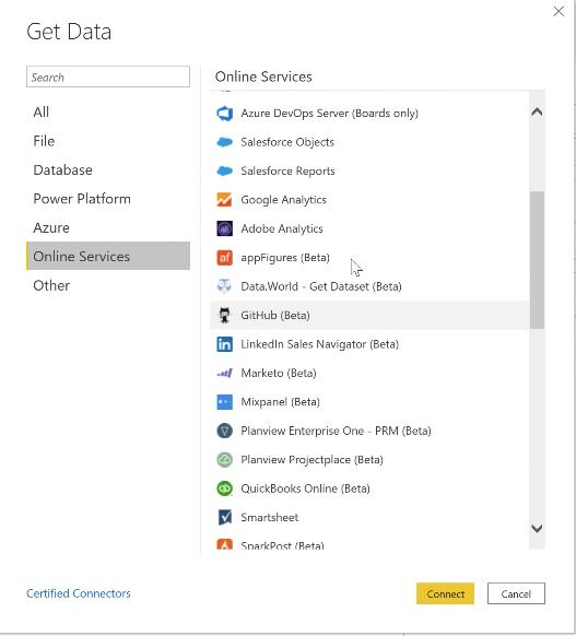 Các nguồn dữ liệu có thể kết nối với PowerBI