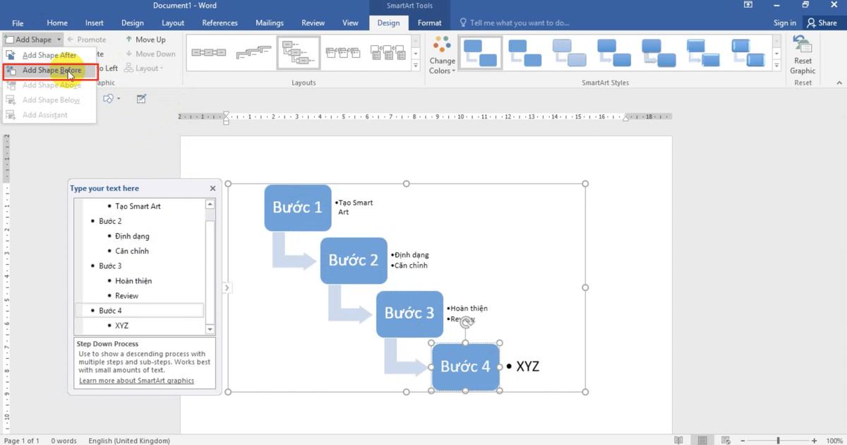 Thao tác Chèn các hình minh họa đặc biệt (SmartArt) và định dạng với Word