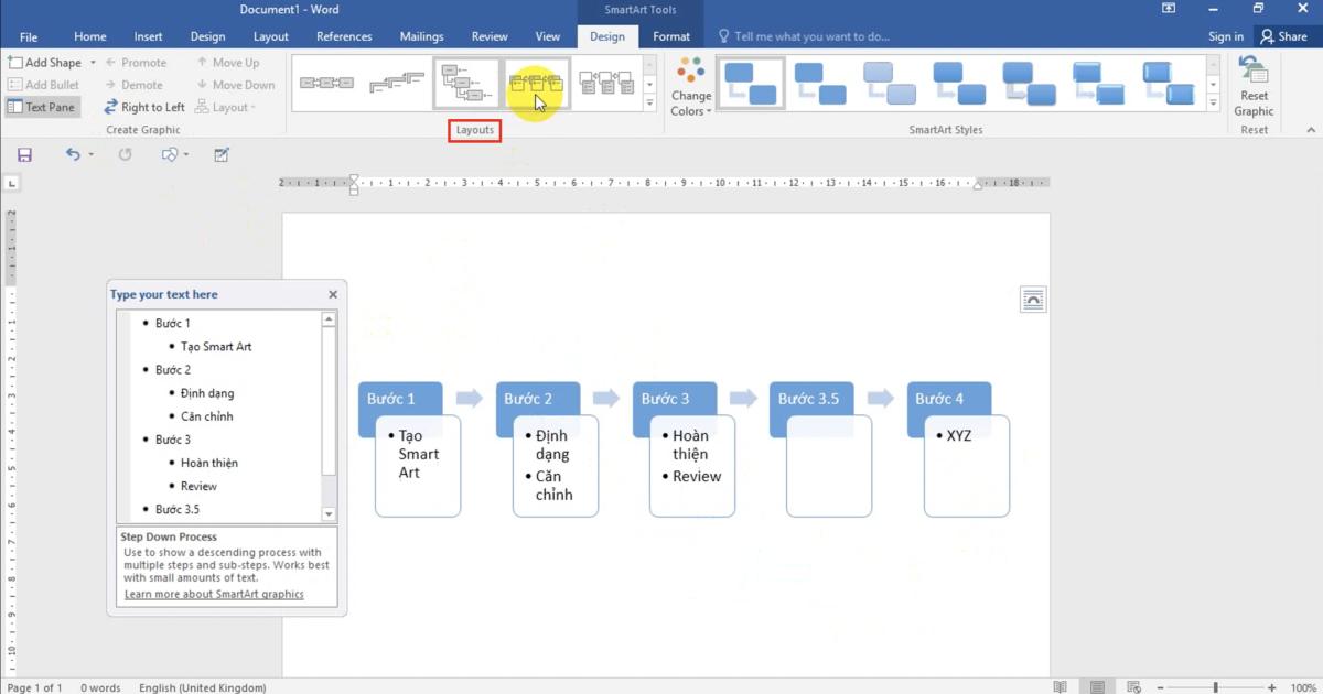 Thao tác Chèn các hình minh họa đặc biệt (SmartArt) và định dạng với Word