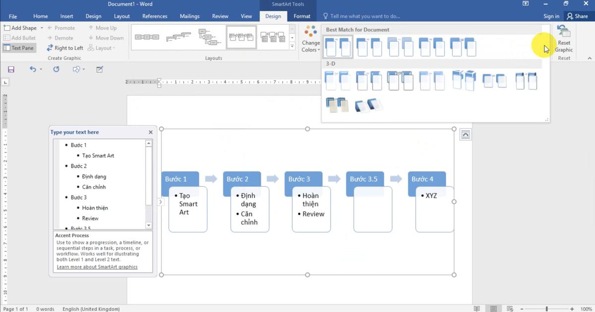 Thao tác Chèn các hình minh họa đặc biệt (SmartArt) và định dạng với Word