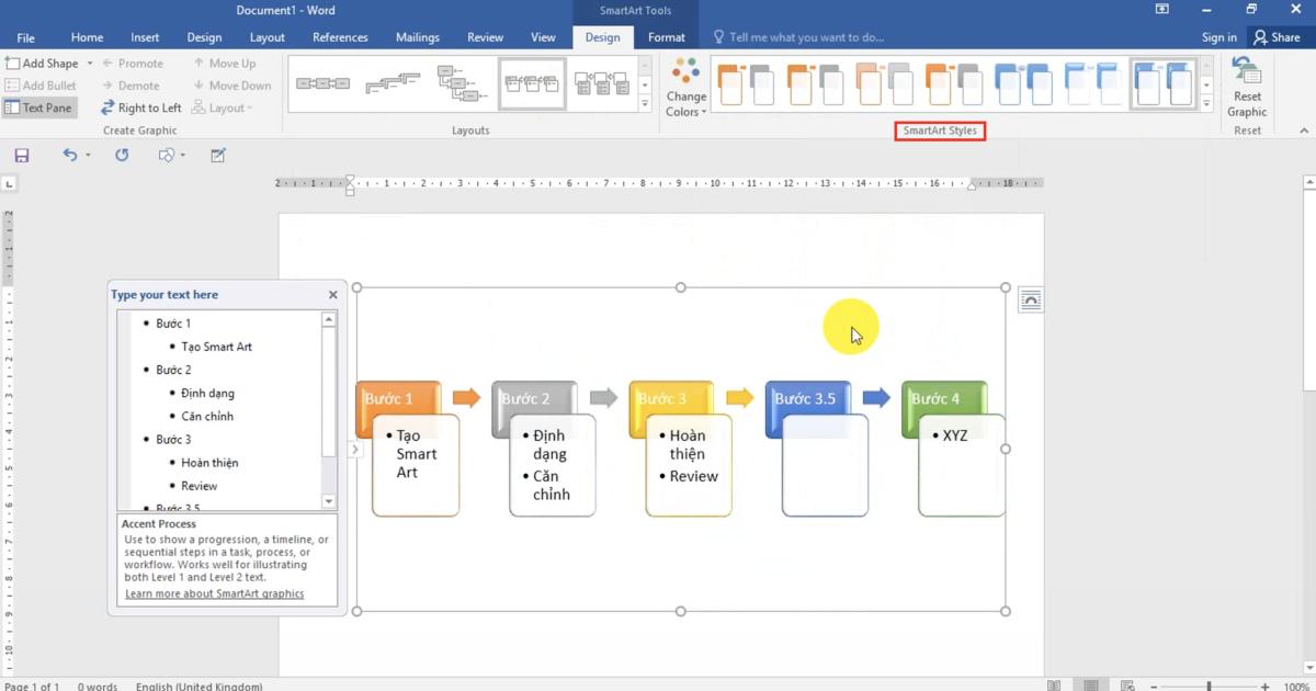 Thao tác Chèn các hình minh họa đặc biệt (SmartArt) và định dạng với Word