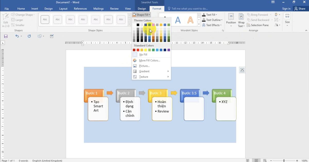 Thao tác Chèn các hình minh họa đặc biệt (SmartArt) và định dạng với Word