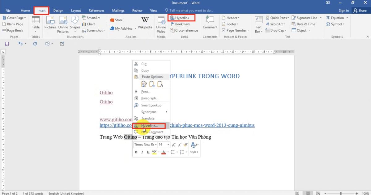 Cách tạo Hyperlink đến trang web
