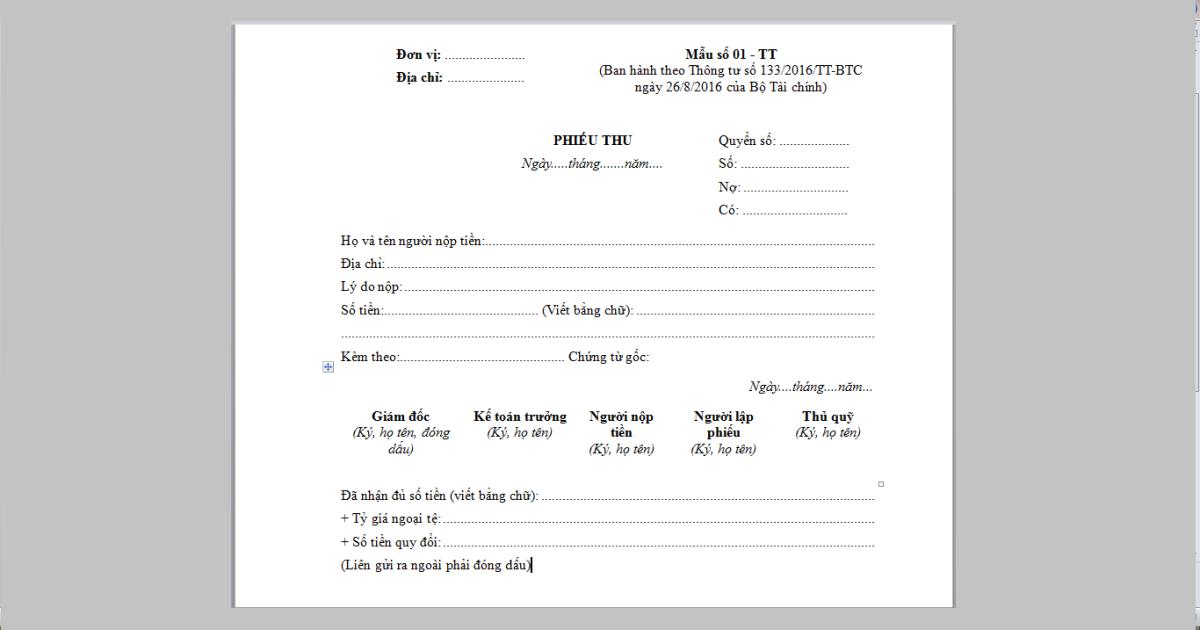Mẫu hoá đơn thu và chi chuẩn thông tư của Bộ Tài Chính trên Excel