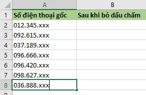 Làm sao để bỏ dấu chấm trong số điện thoại trong Excel?