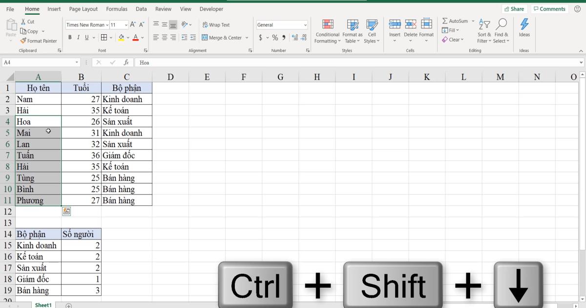 Kỹ thuật và các phím tắt di chuyển nhanh trong vùng dữ liệu Excel