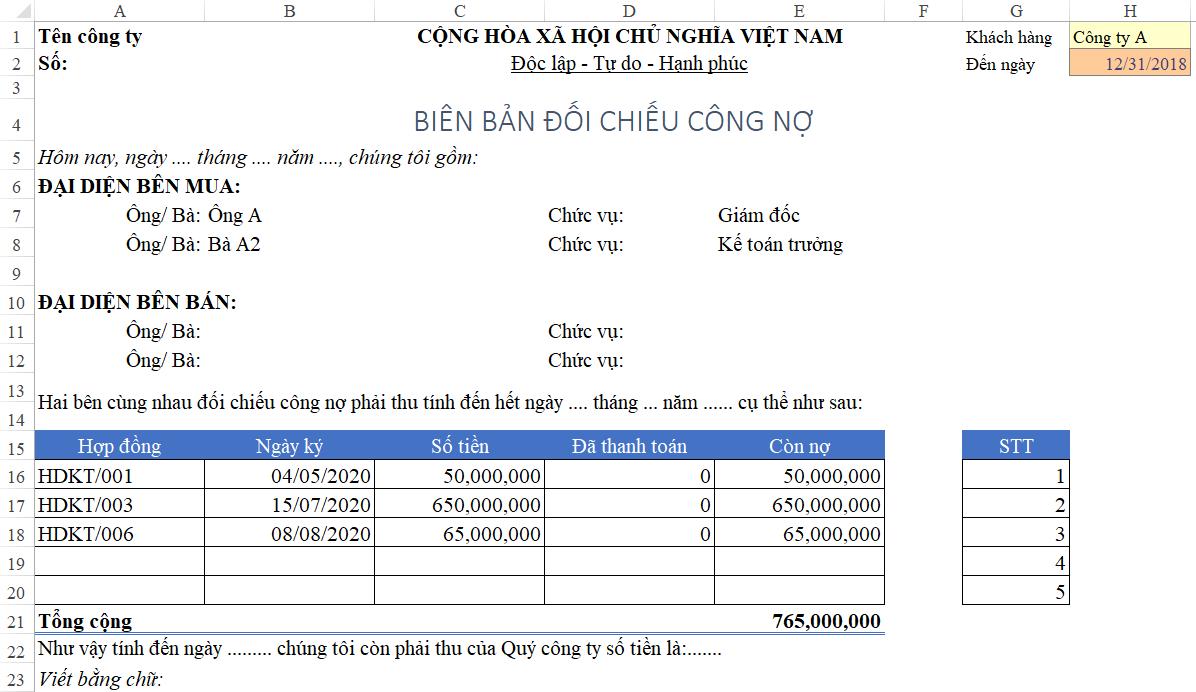 Hướng dẫn lập biên bản đối chiếu công nợ trên Excel