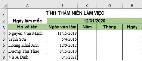 cách tính thâm niên trong Excel theo năm