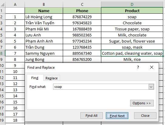 CÁCH SỬ DỤNG FIND VÀ REPLACE ĐỂ TÌM KIẾM TRONG EXCEL