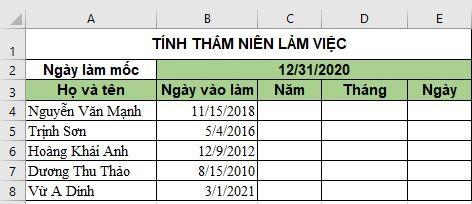 cách tính thâm niên trong Excel theo năm