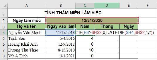 Cách tính thâm niên trong Excel theo ngày