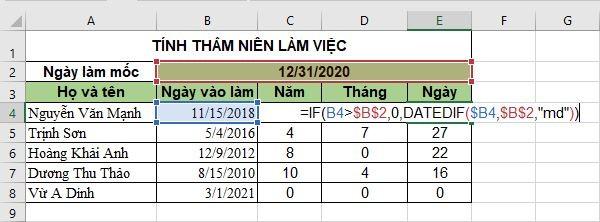 Cách tính thâm niên trong Excel theo ngày