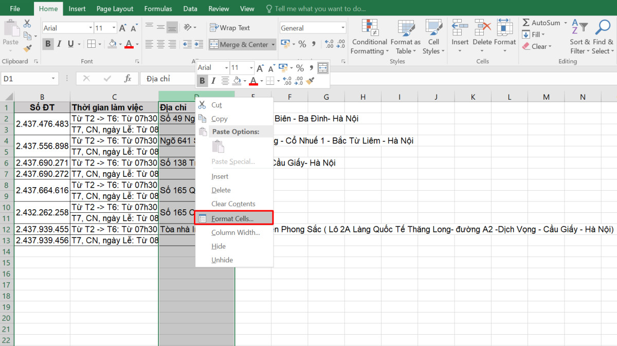 Bỏ ẩn chữ trong Excel