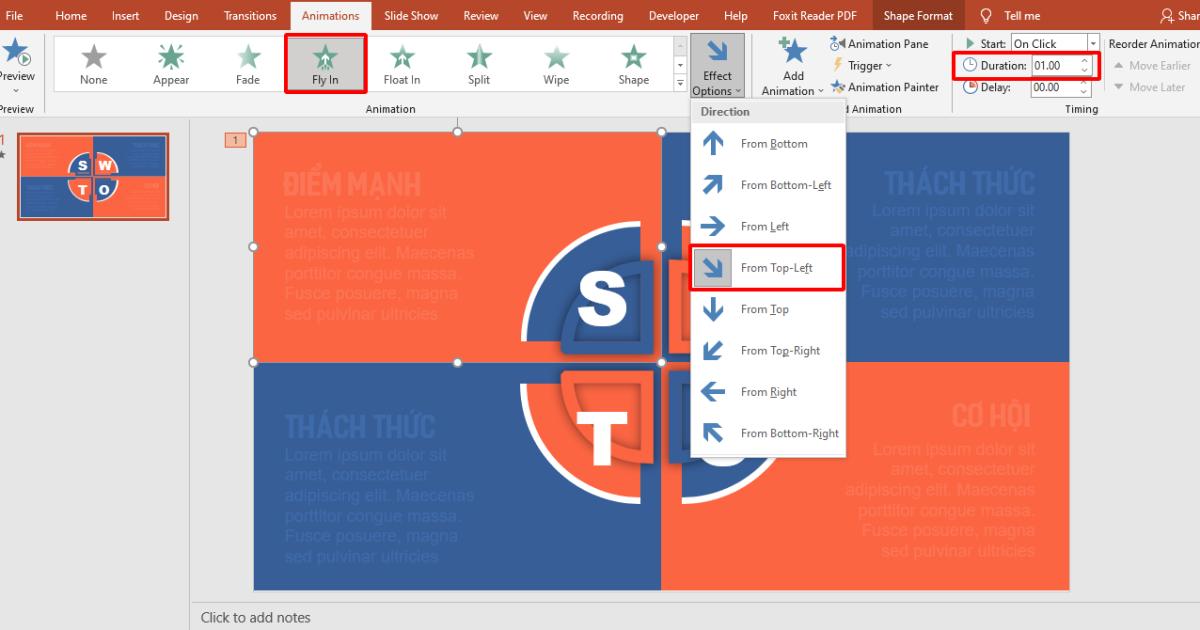 Hướng dẫn cách tạo hiệu ứng động cho sơ đồ SWOT trong PowerPoint