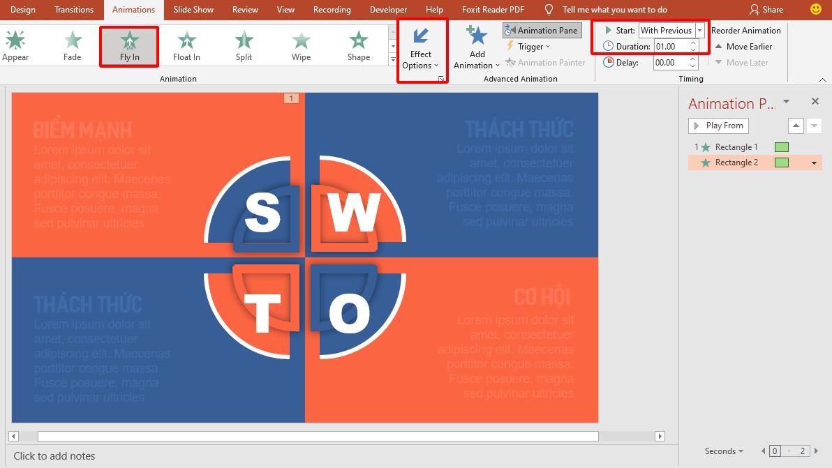 Hướng dẫn cách tạo hiệu ứng động cho sơ đồ SWOT trong PowerPoint