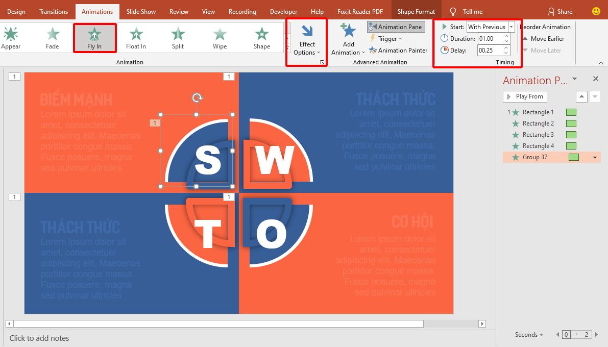 Hướng dẫn cách tạo hiệu ứng động cho sơ đồ SWOT trong PowerPoint