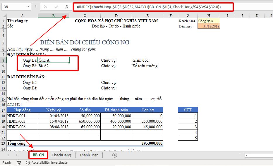 Cách lập mẫu biên bản đối chiếu công nợ tự động trên Excel