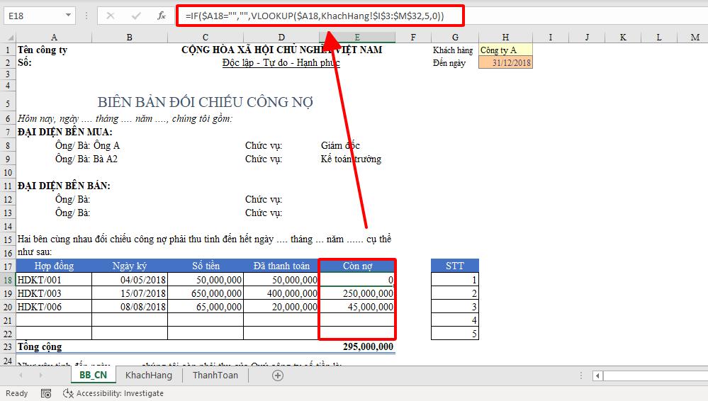 Cách lập mẫu biên bản đối chiếu công nợ tự động trên Excel