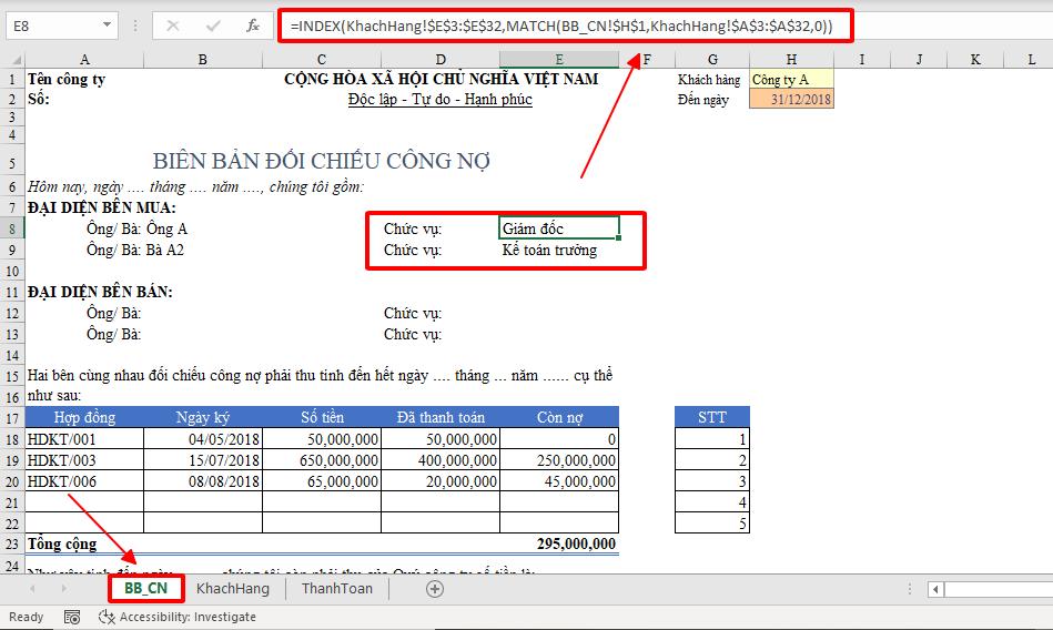 Cách lập mẫu biên bản đối chiếu công nợ tự động trên Excel